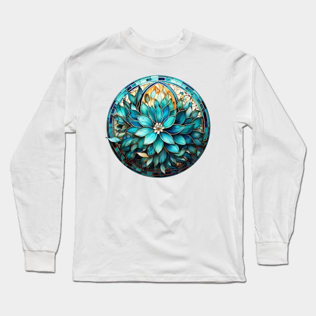 Stained Glass Aqua, Turquoise and Teal  Flower Mandala Long Sleeve T-Shirt by karenmcfarland13